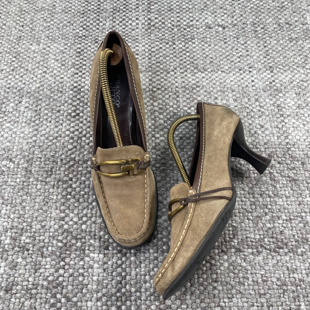 Franco Sarto Heeled Loafers Women Size 9M Tan Suede Horsebit Square Toe Brazil
